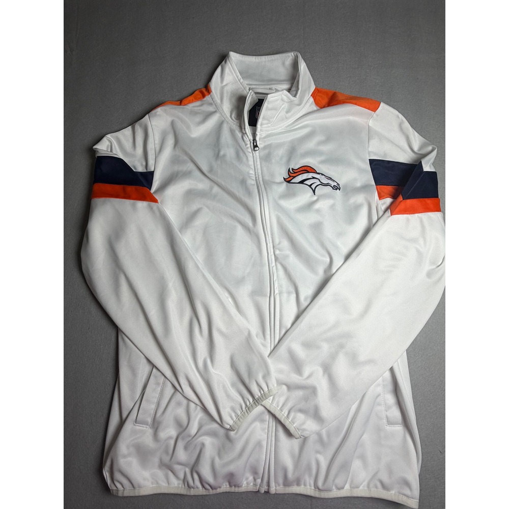 NFL Denver Broncos Mens White Full Zip Track Jacket Large Embroidered Logo